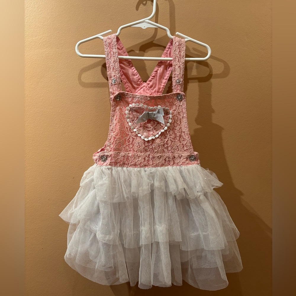 Overall with tule dress pink with heart and bow embellishments Size 24 Months